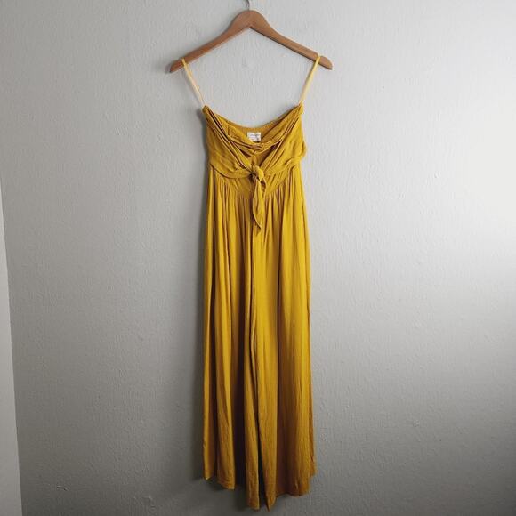UO Candy Tie-Front Strapless Jumpsuit Cropped Wide Leg Mustard S 70s - Picture 6 of 14